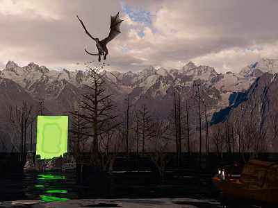 Cartoon Scene With Flying Dragon Over Snowy Mountains Green Glowing Object Dead Trees Small Boat 3d model