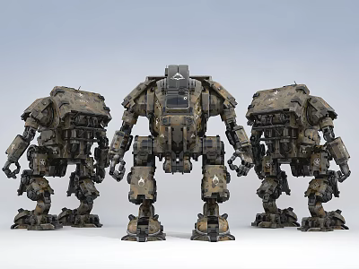 Three Advanced Large Smart Machines With Heavy Camouflage Armor And Mechanical Arms 3d model