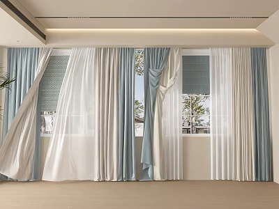Light Blue And White Modern Curtains Sheer And Solid Window Design 3d model