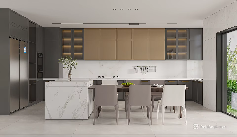 Elegant Modern Restaurant Interior Featuring Marble Dining Table And Stylish Chairs Decor 3d model