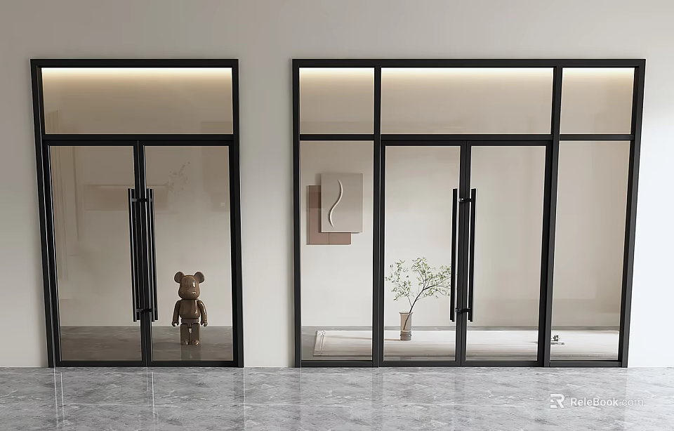 Black Framed Glass Double Doors in Interior with Marble Floor Teddy Bear and Potted Plant 3d model 
