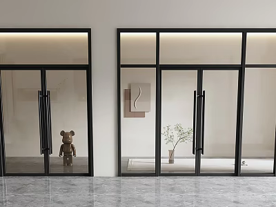 Black Framed Glass Double Doors in Interior with Marble Floor Teddy Bear and Potted Plant 3d model