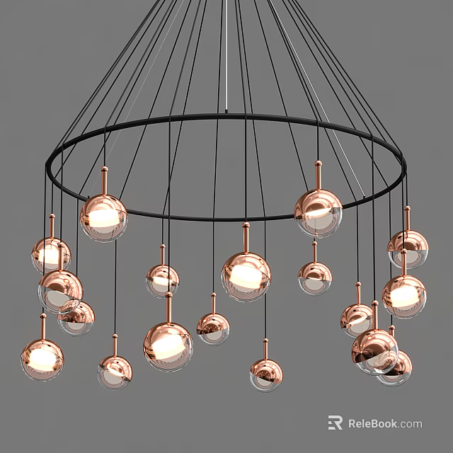 Modern Circular Pendant Light with Black Wires Copper Bases and Transparent Illuminated Glass Globes 3d model 