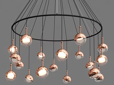 Modern Circular Pendant Light with Black Wires Copper Bases and Transparent Illuminated Glass Globes 3d model