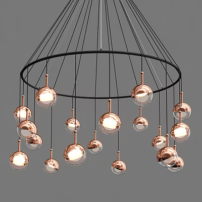 Modern Circular Pendant Light with Black Wires Copper Bases and Transparent Illuminated Glass Globes 3d model