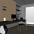 Modern Home Office Interior With Perforated Wood Panel Wall Shelves Desk And Monitor