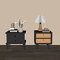 Dark Gray Nightstands With Rattan Drawer Lamp Flower Vase Books On Wooden Floor Light Wall