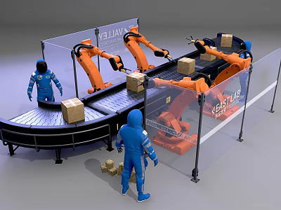 Efficient Automated Industrial Equipment With Orange Robotic Arms Conveyor Belt And Workers Handling Boxes 3d model