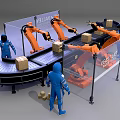 Efficient Automated Industrial Equipment With Orange Robotic Arms Conveyor Belt And Workers Handling Boxes