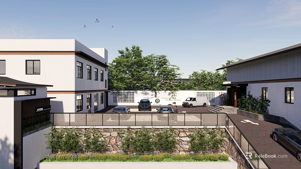Modern Building Courtyard Exterior With Trees Parked Cars And Fence 3d model 