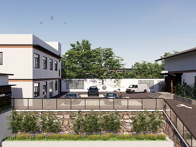 Modern Building Courtyard Exterior With Trees Parked Cars And Fence 3d model