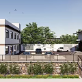 Modern Building Courtyard Exterior With Trees Parked Cars And Fence
