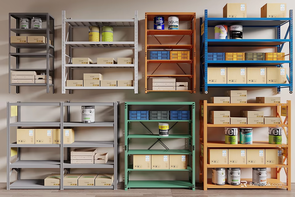 Multi Colored Metal Storage Display Shelves With Boxes And Cans For Organizing Warehouse 3d model 
