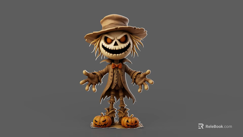 Spooky Game Movie Scarecrow Character With Grinning Face Pumpkin Lanterns And Hat 3d model 