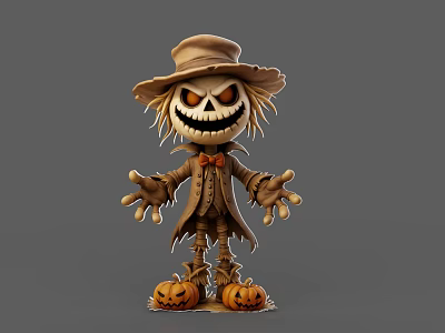 Spooky Game Movie Scarecrow Character With Grinning Face Pumpkin Lanterns And Hat 3d model
