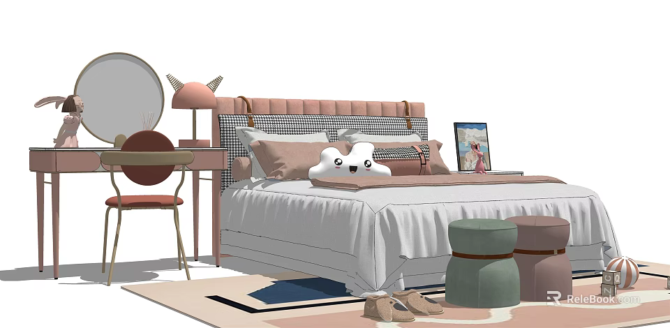 Kids Bed with Pink Headboard Cute Horns White Plush Toy Desk Chair and Ottomans 3d model 