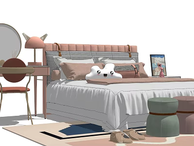 Kids Bed with Pink Headboard Cute Horns White Plush Toy Desk Chair and Ottomans 3d model