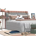 Kids Bed with Pink Headboard Cute Horns White Plush Toy Desk Chair and Ottomans