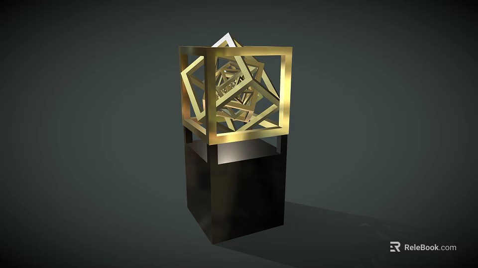 Modern Golden Geometric Sculpture with Interlocking Cube Frames on Black Pedestal 3d model