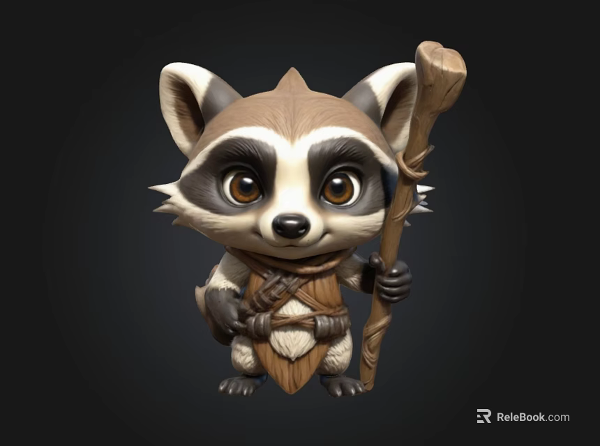 Cute Cartoon Raccoon 3D Model With Wooden Staff And Vest 3d model 