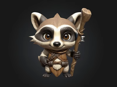 Cute Cartoon Raccoon 3D Model With Wooden Staff And Vest 3d model
