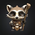 Cute Cartoon Raccoon 3D Model With Wooden Staff And Vest