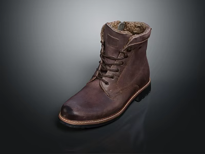 Brown Leather Lace Up Boots With Fleece Lined Cuff And Durable Rubber Sole 3d model