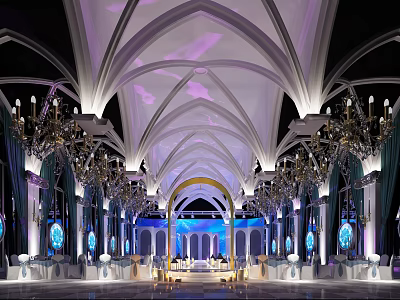 Elegant Banquet Hall Interior With Arched Ceiling Purple White Lighting And Decorative Chandeliers 3d model