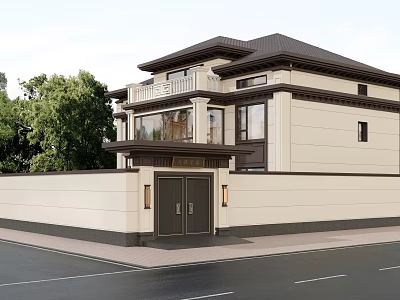 Modern Detached Villa Exterior With Dark Roof Light Walls Front Door And Green Trees 3d model