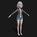 Woman with silver hair in gray jacket white top blue shorts barefoot on black background