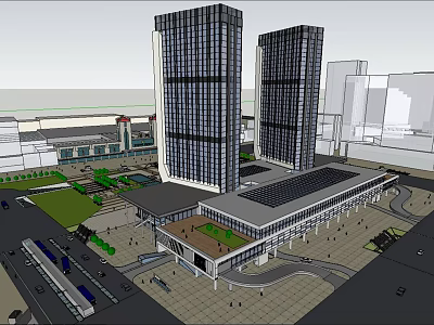 Modern Station Exterior With Twin Tall Buildings Glass Facade Spacious Plaza And Greenery 3d model