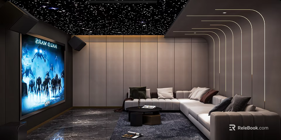 Modern Home Theater Room Interior With Starry Ceiling Gray Walls Curved Lines And Large Screen 3d model 