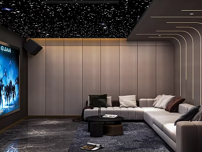 Modern Home Theater Room Interior With Starry Ceiling Gray Walls Curved Lines And Large Screen 3d model