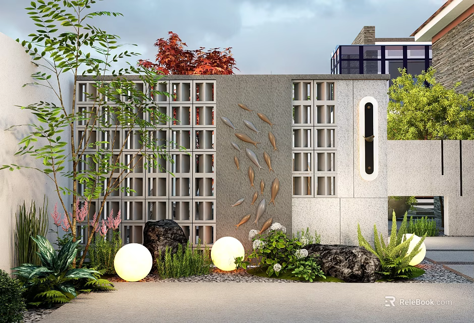 Modern Grid Patterned Feature Wall With Fish Shaped Decorations Greenery And Globular Lights 3d model 