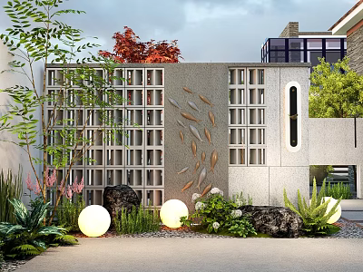 Modern Grid Patterned Feature Wall With Fish Shaped Decorations Greenery And Globular Lights 3d model