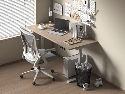 Minimalist Desk With Ergonomic Chair Laptop Coffee Cup Lamp And Wall Pegboard On Wooden Floor 3d model