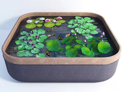 Aquatic Plants in Square Water Basin With Lotus Leaves Pink White Flowers and Butterflies 3d model