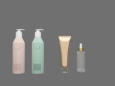 Perfume Cosmetics Bottles With Pink Light Green Pump Containers Golden Tube And Transparent Small Vial 3d model