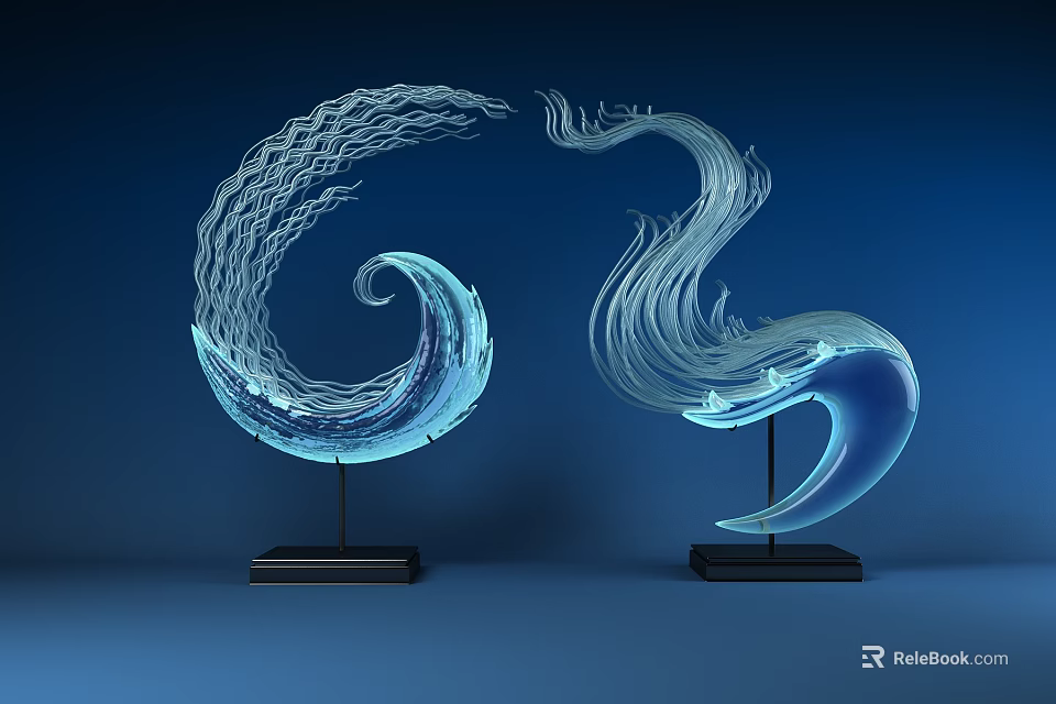 Modern Blue Glass Decorative Ornament Set With Curved Wave Shapes And Black Bases 3d model 
