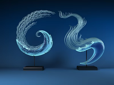 Modern Blue Glass Decorative Ornament Set With Curved Wave Shapes And Black Bases 3d model