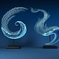 Modern Blue Glass Decorative Ornament Set With Curved Wave Shapes And Black Bases