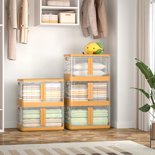 Clear Stackable Storage Bins With Wooden Frame For Folded Towels In Bedroom Closet 3d model 