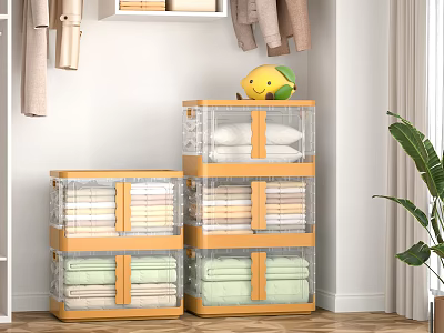 Clear Stackable Storage Bins With Wooden Frame For Folded Towels In Bedroom Closet 3d model