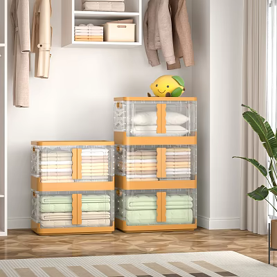 Clear Stackable Storage Bins With Wooden Frame For Folded Towels In Bedroom Closet 3d model