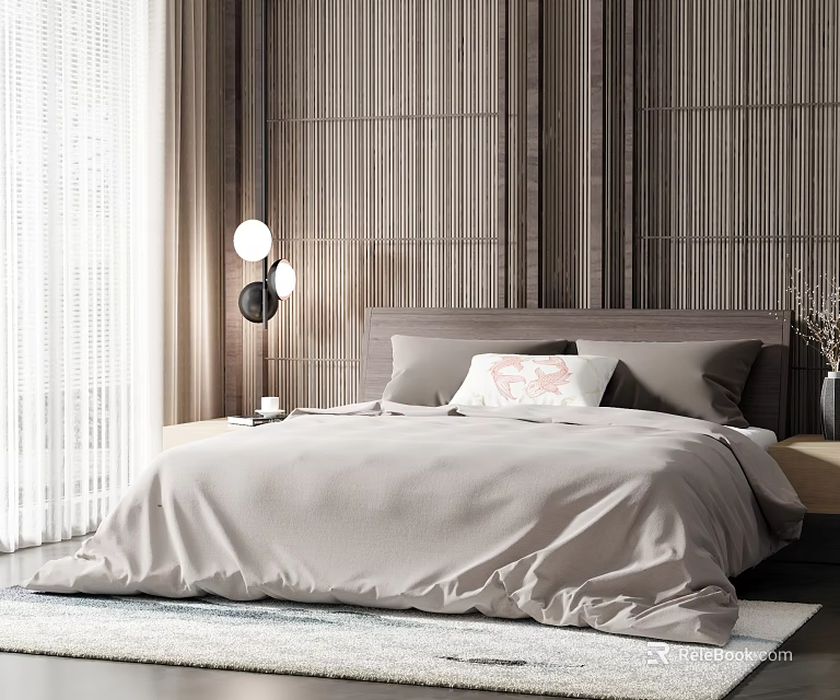 Modern Double Bed Interior With Wooden Background Wall Beige Bedding And Bedside Lamp 3d model 