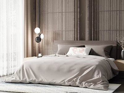 Modern Double Bed Interior With Wooden Background Wall Beige Bedding And Bedside Lamp 3d model