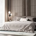 Modern Double Bed Interior With Wooden Background Wall Beige Bedding And Bedside Lamp