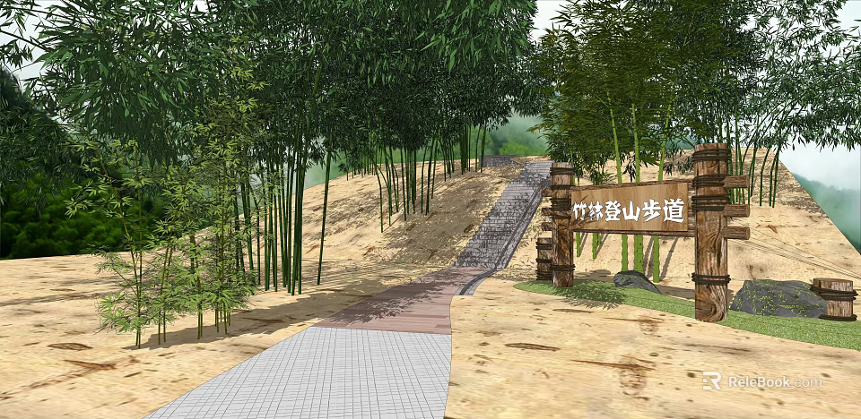 Natural Stone Paved Mountain Bamboo Pathway With Wooden Sign And Greenery 3d model 
