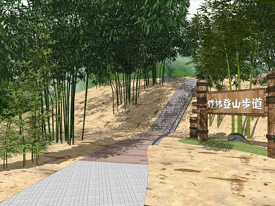 Natural Stone Paved Mountain Bamboo Pathway With Wooden Sign And Greenery 3d model