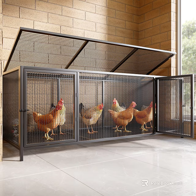 Spacious Metal Pet Cage With Wire Mesh Design Open Top And Chickens Inside 3d model 